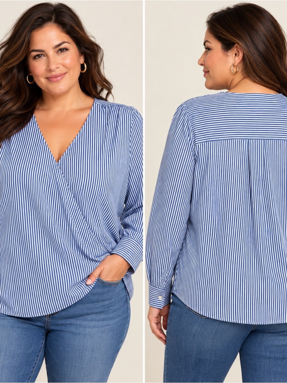 MICHAEL Michael Kors Blue White Striped Wrap Blouse Top 1X